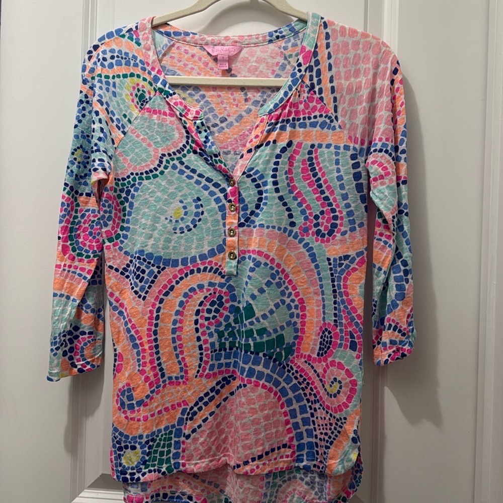 Lilly Pulitzer egret Pink and Blue Graphic Polo Tunic